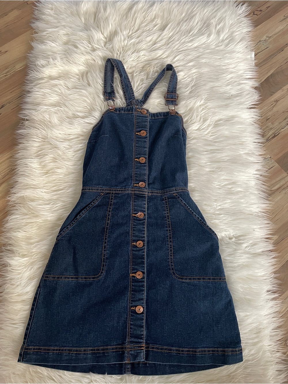 Dark Blue Denim Button Pinafore Mini Dress